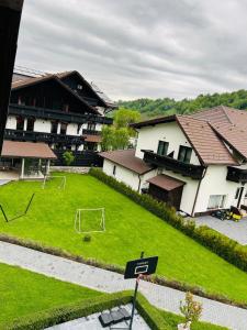 a soccer field in the middle of a yard with buildings at Colț Viu Deluxe in Şimon +34 photos