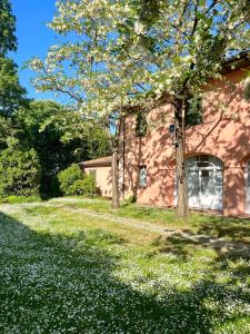 a house with trees in front of a yard with white flowers at Villa Solarola Country House in Castel Guelfo di Bologna