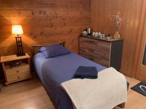 una camera con letto, cassettiera e lampada di La Cure de Vernamiège a Vernamiège