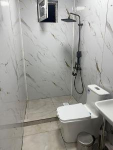 a bathroom with a shower and a toilet and a sink at Гостевой дом KOLSAY ROOM in Saty
