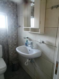 a bathroom with a sink and a toilet at Γκαρσονιέρα δίπλα στην θάλασσα κ θέα στο λιμανι in Évdhilos