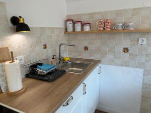 Una encimera de cocina con un fregadero y un fregadero. en Apartma Vrbnjak, en Bohinj