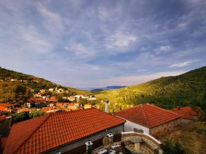 an aerial view of a town with red roofs at Traditional stone guesthouse in Agios Andreas