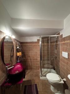 a bathroom with a pink sink and a shower at Casa dell' Artista - Tamerò Estates in Montopoli in Sabina