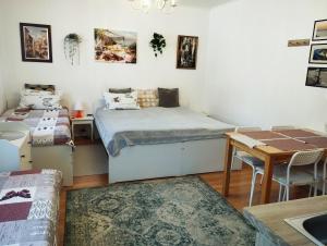 una habitación con dos camas y una mesa y un escritorio en ECO-LUX APART with free bicycles end free parking, en Liubliana