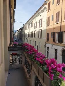 a balcony with pink flowers on a building at Cavallerizza flat in Brescia