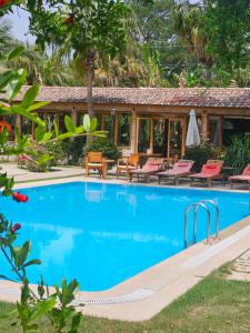 a swimming pool in front of a resort at Sedir Palas in Cıralı