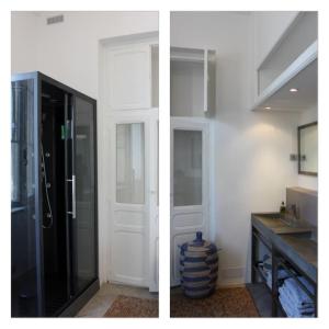 two pictures of a kitchen with a door and a sink at Château Charles Roux in Sausset-les-Pins