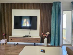a living room with a flat screen tv on a wall at Apartman Mano in Topla