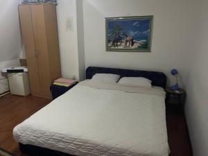 a bedroom with a white bed with a picture on the wall at Sobe i Apartmani Svjetlana-Mladen Okuka in Višegrad