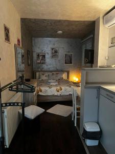 a small room with a bed and a desk at Apartman Park Kragujevac in Kragujevac