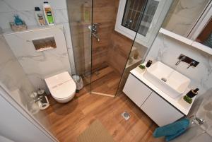 a bathroom with a shower and a toilet and a sink at KamaraApartmentThessaloniki in Thessaloniki