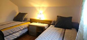 a small bedroom with two beds and a night stand at Chez Marilou in La Plaine des Palmistes