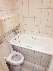 a bathroom with a toilet and a bath tub at Baznicas Str Apartments in Liepāja