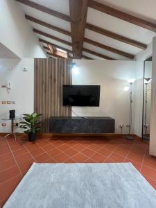 イモラにあるLa Dolce Imola-Bilocale in centro storicoの壁に薄型テレビが取り付けられたリビングルーム