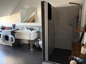 a bathroom with a sink and a washing machine at Wunderschöne Wohnung in Erftstadt-Liblar 15 Minuten bis zum Phantasialand! in Erftstadt +9 photos