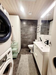 a bathroom with a toilet and a sink and a washing machine at Cozy townhouse apartment in Kerava