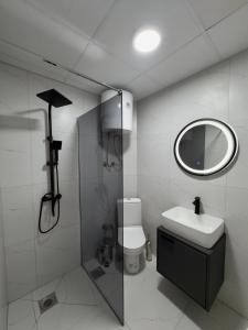 a bathroom with a sink and a mirror and a toilet at Central Nest Prishtina in Pristina