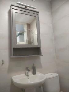 Un baño con lavabo, espejo e inodoro. en Plaza Mayor de León 3º sin ascensor, en León