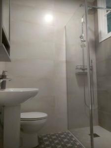 Un baño con ducha, inodoro y lavabo. en Plaza Mayor de León 3º sin ascensor, en León