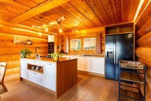 a kitchen with white cabinets and a black refrigerator at Villa Harmonia Private Jacuzzi and Pool Retreat near Rogaška in Rogatec