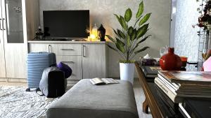 Una sala de estar con un sofá y un televisor. en The Apartment, en Tashkent
