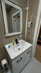 a bathroom with a white sink and a mirror at Флора in Almaty