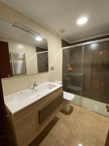 a bathroom with a sink and a shower and a toilet at HomeOffice with Church Views in Zumárraga +46 photos
