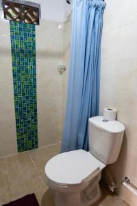 a bathroom with a toilet and a blue shower curtain at Habitación para 4 con acceso al rio baño privado y wifi San Rafael Antioquia in San Rafael