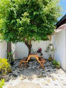 a table and two chairs under a tree on a patio at Dream Villa Homestay Madiha in Matara