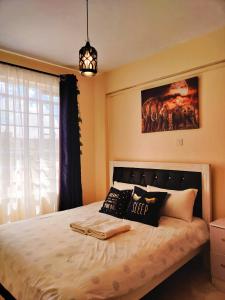 a bedroom with a bed with pillows on it at Reigns cozy corner in Eldoret