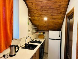 Una cocina con un refrigerador blanco y una estufa. en Guest House Riverside, en Borjomi 5 fotos más