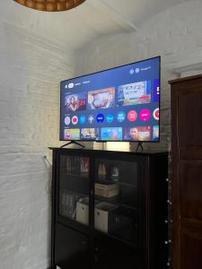 einen Flachbild-TV auf einem Entertainment-Center in der Unterkunft Zacisze Krasińskiego in Toruń