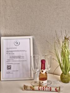 ノイハルリンガージールにあるFerienwohnung Seeblickのアルコール1本とグラス2杯