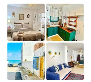 a collage of four pictures of a bedroom at 4 appartements a la Marsa plage Pieds dans l'eau in Dar Salah Bey