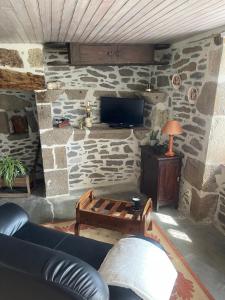 a living room with a couch and a tv on a stone wall at Chez Julie in Le Monteil
