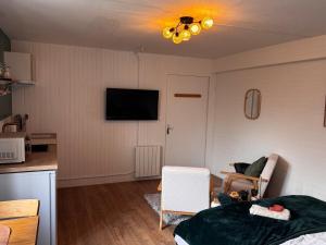 a living room with a bed and a tv on the wall at L'écrin de la villa des roses in Pontmain