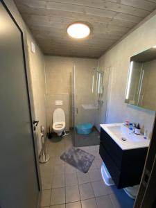 a bathroom with a toilet and a sink at Cabin at Norefjell! Perfect for families with children in Runn +51 photos