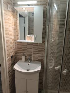 "ハルカーニャ"にあるHarka Central Apartmanの洗面台とシャワー付きのバスルーム +6枚の写真