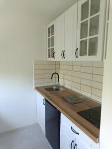 "ハルカーニャ"にあるHarka Central Apartmanの白いキャビネットとシンクのあるキッチン