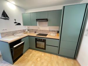 a kitchen with green cabinets and a sink at Le Colibri in Vinneuf