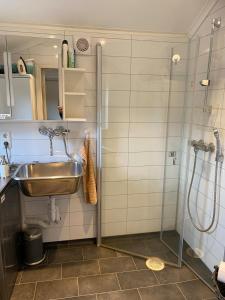 a bathroom with a sink and a shower at Seaside apartment in farmhouse close to nature in Husevåg