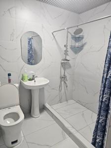 Un baño blanco con inodoro y lavabo. en well apartment, en Samarkand