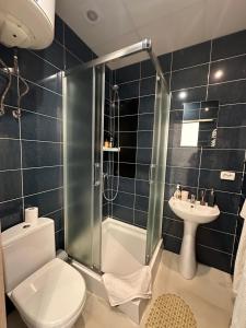 een badkamer met toilet, douche en wastafel bij Vintage apartment in Lviv +29 foto's