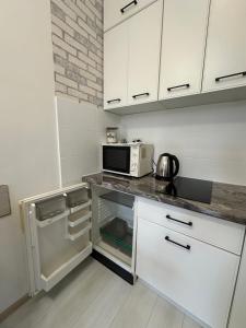 een keuken met een aanrecht met een magnetron en een koelkast bij Vintage apartment in Lviv