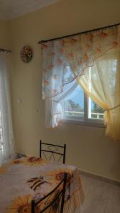 a bedroom with a bed and a window with curtains at Apartment Dolphins in Plomarion