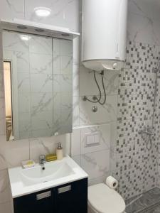a bathroom with a sink and a toilet and a mirror at New house in Dobra Voda