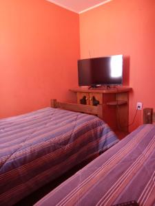 a bedroom with a bed and a flat screen tv at Hostal Manuel Bugueño in El Cerrillo