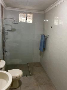a bathroom with a shower and a toilet and a sink at Casa Estela in Cartagena de Indias