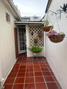 a patio with potted plants and baskets on the wall at Casa Estela in Cartagena de Indias